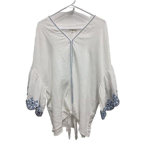 Max Studio Womens BOHO Top Size 1X White Embroidered 3/4 Bell Sleeve Peasant - Picture 1 of 9